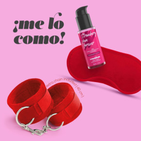Set Me Lo Como: Esposas de Velcro + Antifaz de Satén + Lubricante Comestible de Fresa Crushious